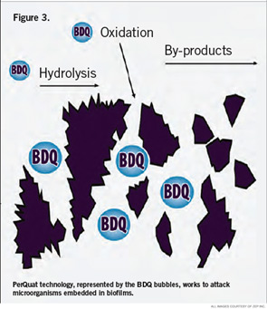 PerQuat technology, represented by the BDQ bubbles, works to attack microorganisms embedded in biofilms.