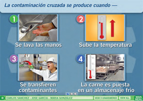 A question from the Spanish version of the SISTEM “Preventing Food Contamination” course. Employees use remotes to answer the questions.